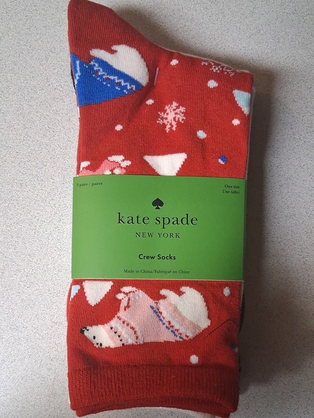 BNWT KATE SPADE 3PAIR Crew Socks with Holiday Motif-RED,WHITE, BLACK COLORS